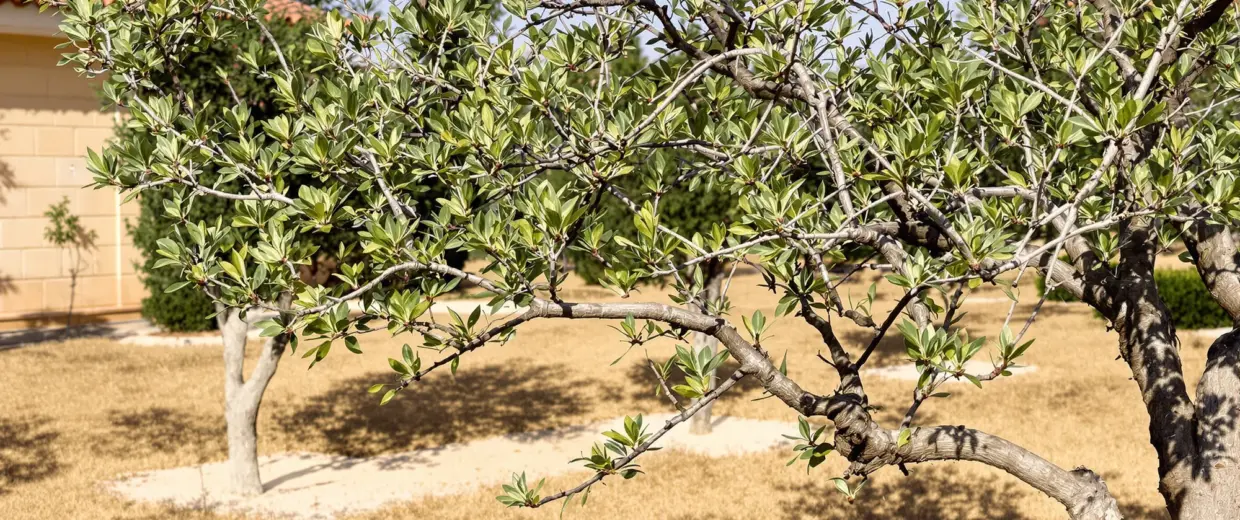Corte de poda reciente en árbol frutal de huerto toledano en invierno