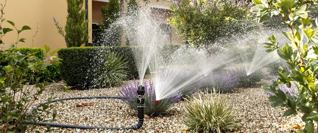 Sistema de riego automático por goteo entre arbustos mediterráneos en jardín de comunidad de vecinos