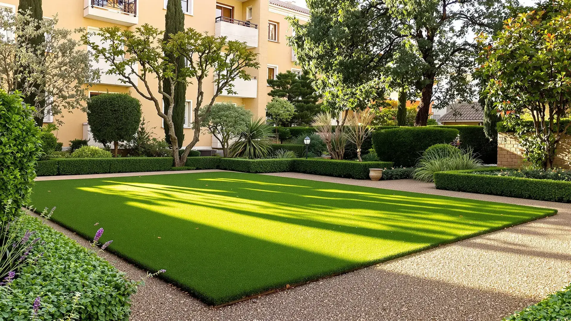 Zonas verdes bien mantenidas en comunidad de vecinos en Toledo con césped y setos recortados