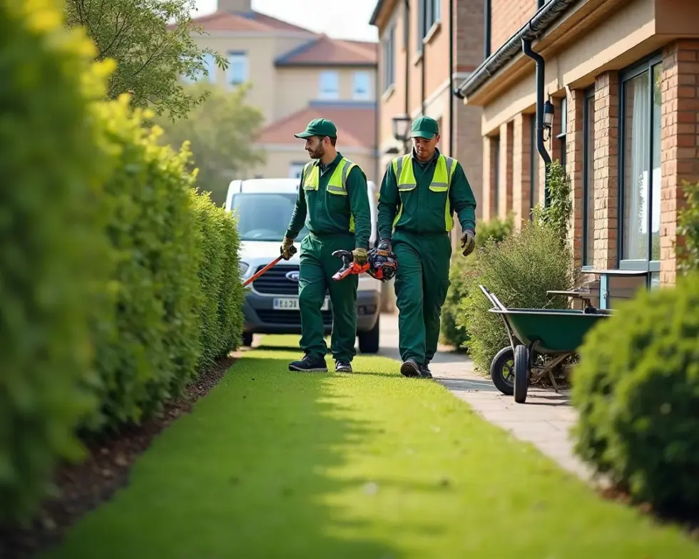 Dos jardineros con uniforme verde y chaleco reflectante recortando un seto con máquinas profesionales