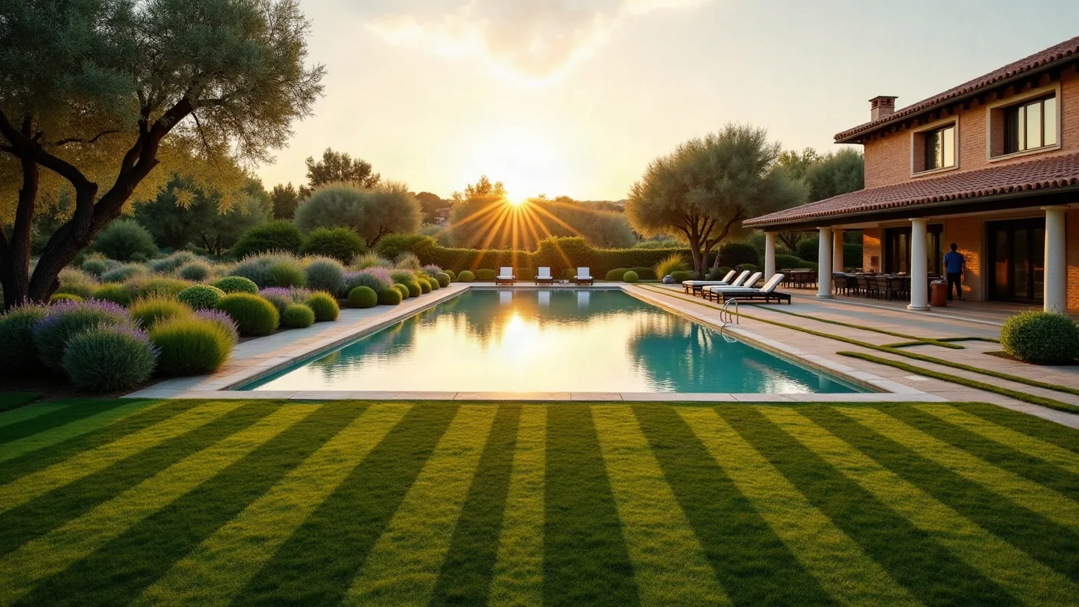 Jardín de paisajismo con piscina, césped segado en franjas, borduras de lavanda, bolas de boj y olivos junto a una casa de ladrillo al atardecer