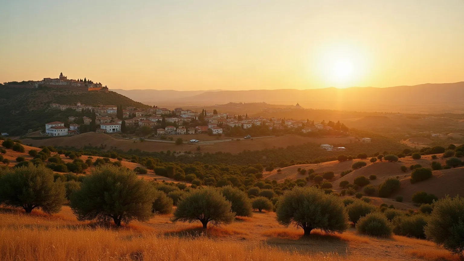 Campo de olivar y viviendas con jardín en el entorno de una ciudad histórica sobre un cerro