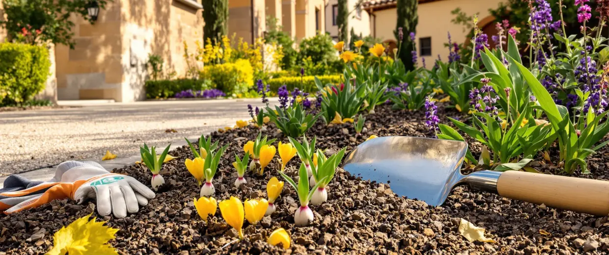 Bulbos de primavera listos para plantar en octubre en un jardín de Toledo