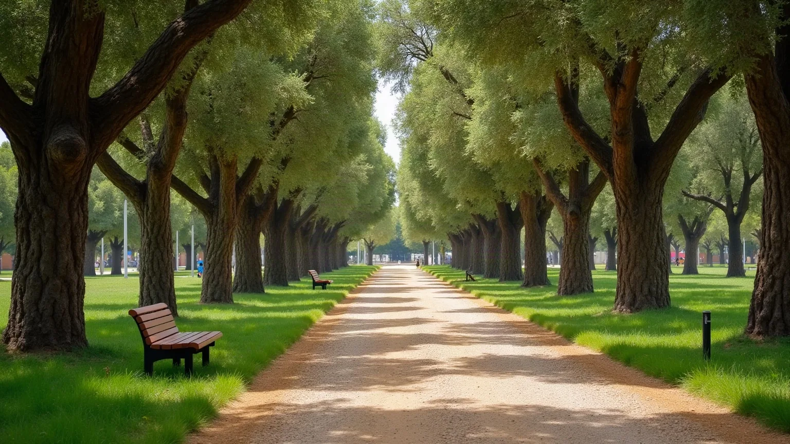 Parque público bien mantenido con arbolado maduro, paseo de albero y bancos a la sombra