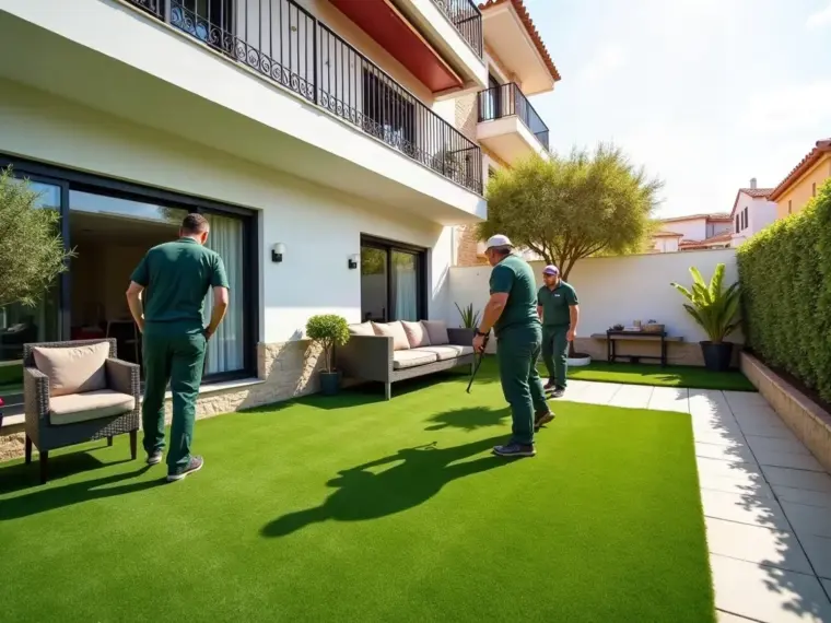 Terraza de una vivienda con césped artificial bien instalado, mobiliario exterior y macetas de barro