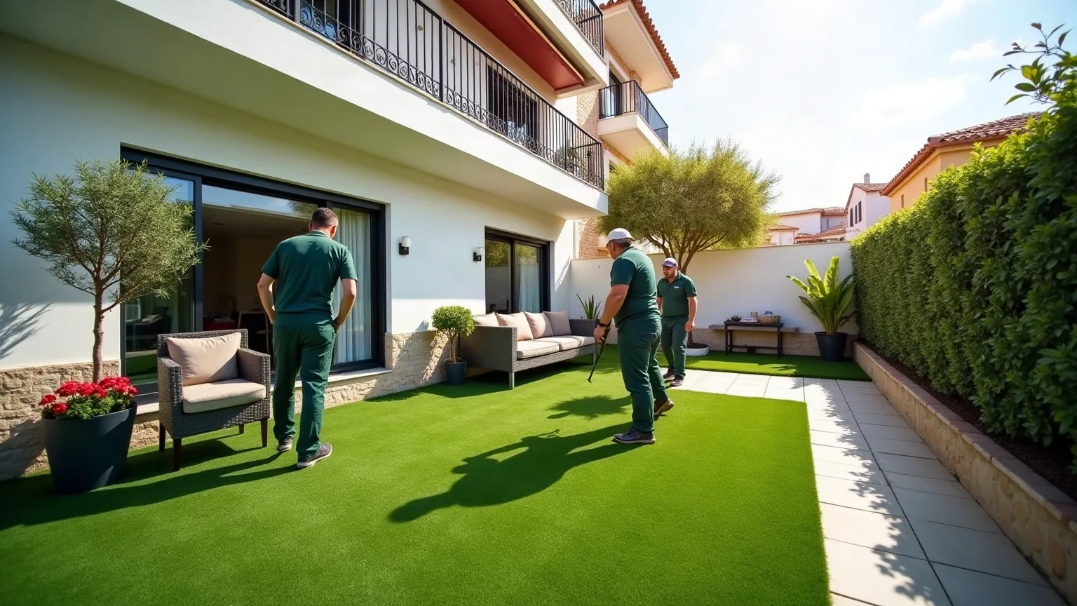 Terraza de una vivienda con césped artificial bien instalado, mobiliario exterior y macetas de barro
