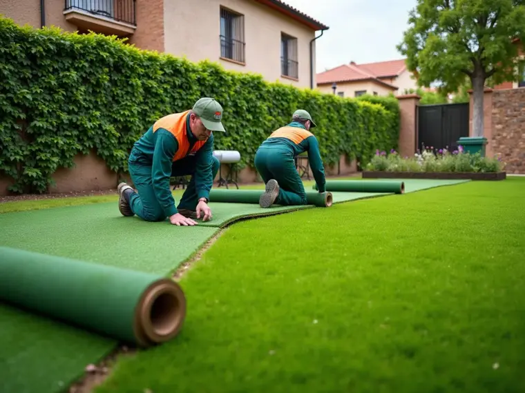 Rollos de tepe colocándose sobre terreno preparado, con media superficie ya verde y media aún de tierra nivelada