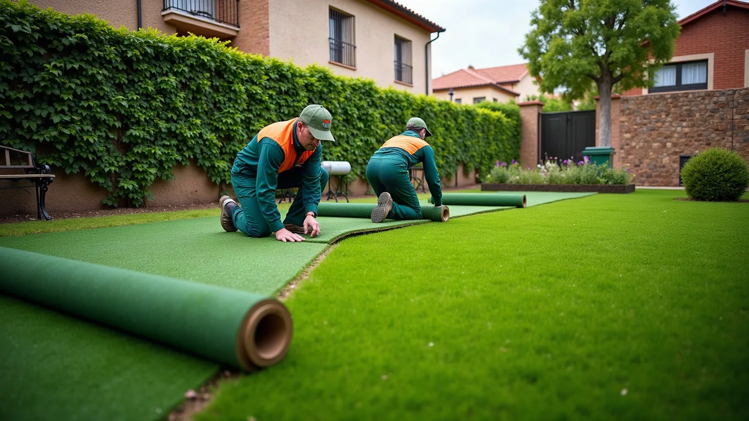 Rollos de tepe colocándose sobre terreno preparado, con media superficie ya verde y media aún de tierra nivelada