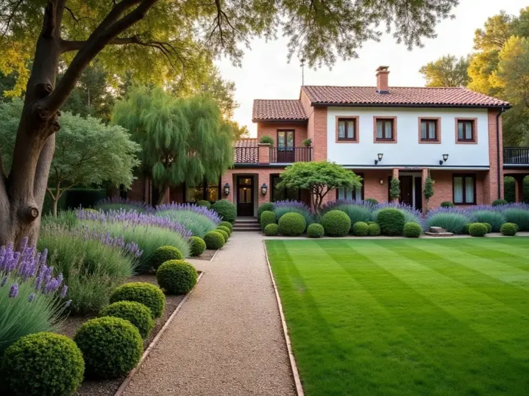 Jardín diseñado con borduras de lavanda y romero, bolas de boj recortadas, olivo joven y caminos de grava