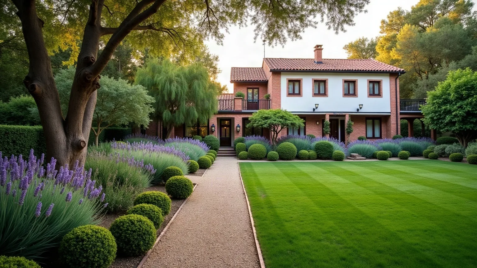 Jardín diseñado con borduras de lavanda y romero, bolas de boj recortadas, olivo joven y caminos de grava