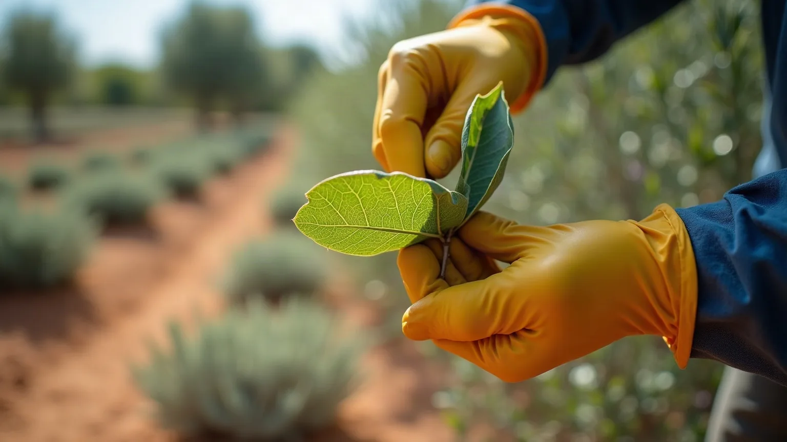 Mano con guante girando una hoja para inspeccionar el envés en busca de plaga