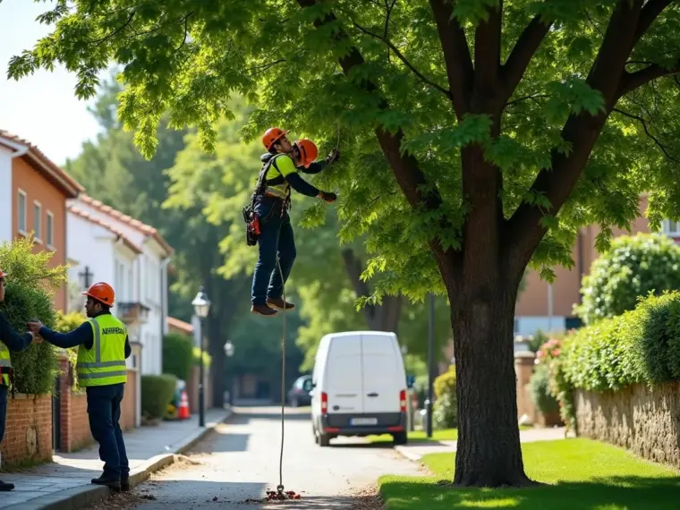 Podador con casco y arnés trabajando en la copa de un árbol grande mientras un compañero controla la cuerda desde el suelo