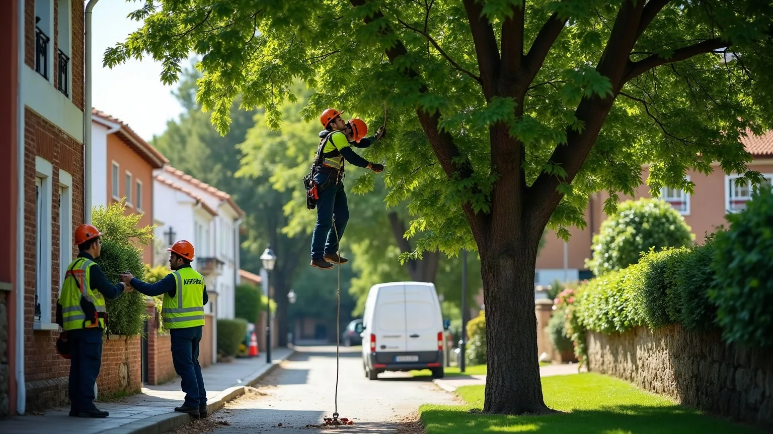 Podador con casco y arnés trabajando en la copa de un árbol grande mientras un compañero controla la cuerda desde el suelo