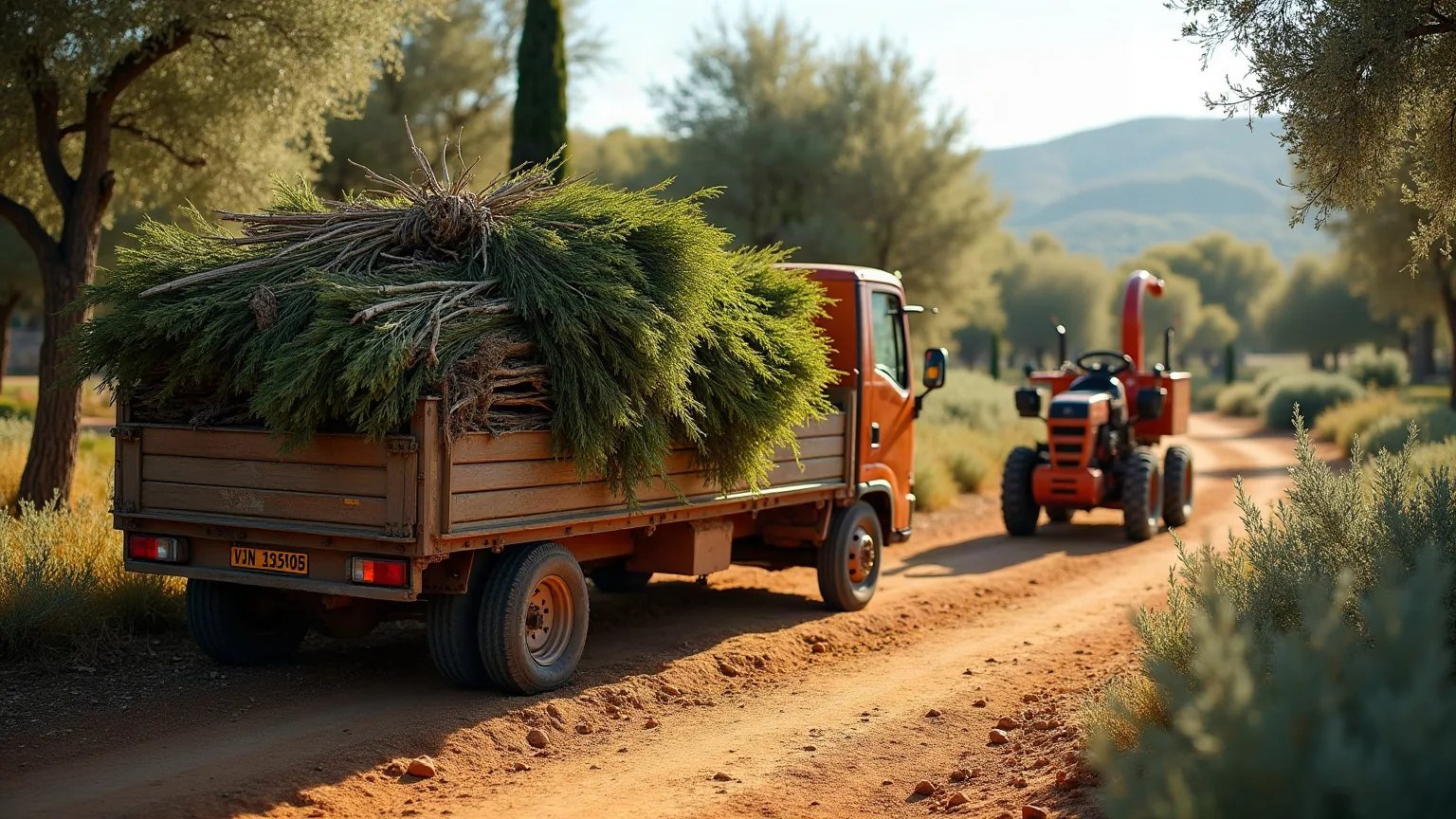 Remolque cargado con restos de poda apilados junto a una biotrituradora al final de la jornada