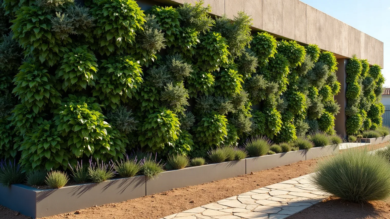 Muro vegetal exterior con vegetación densa y variada cubriendo la fachada de un edificio moderno