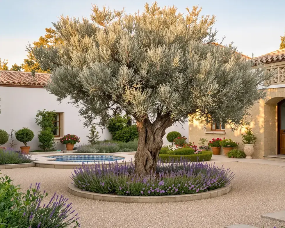 Jardín mediterráneo: Olivos, lavanda, piedra y agua