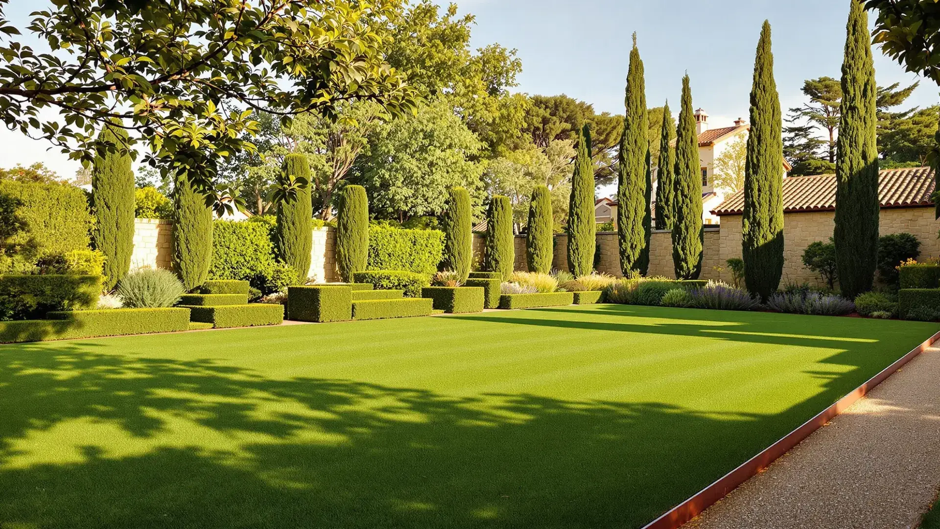 Jardín de diseño en una casa de piedra cerca de Toledo: pradera, boj recortado y cipreses, obra de Jardinería y Paisajismo Toledo