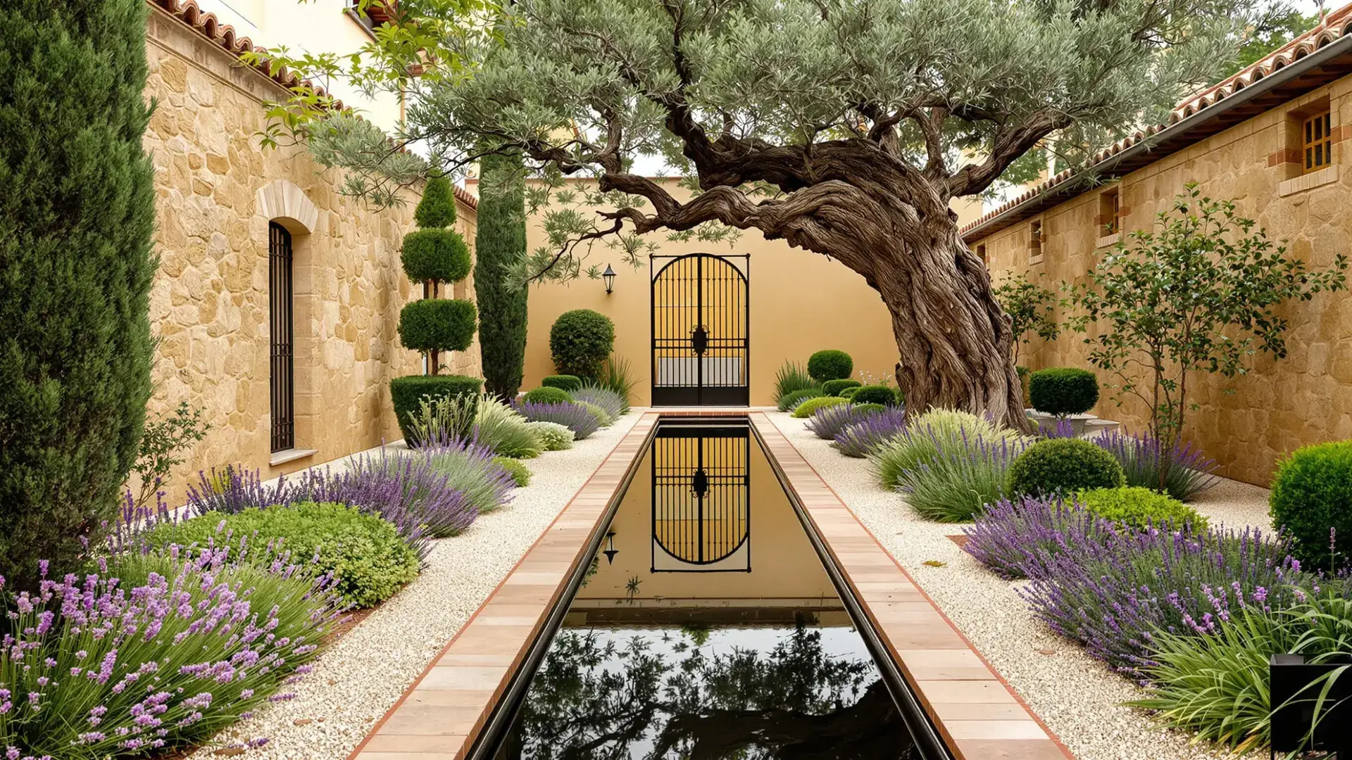 Patio toledano con lámina de agua, olivo centenario y lavanda diseñado por Jardinería y Paisajismo Toledo