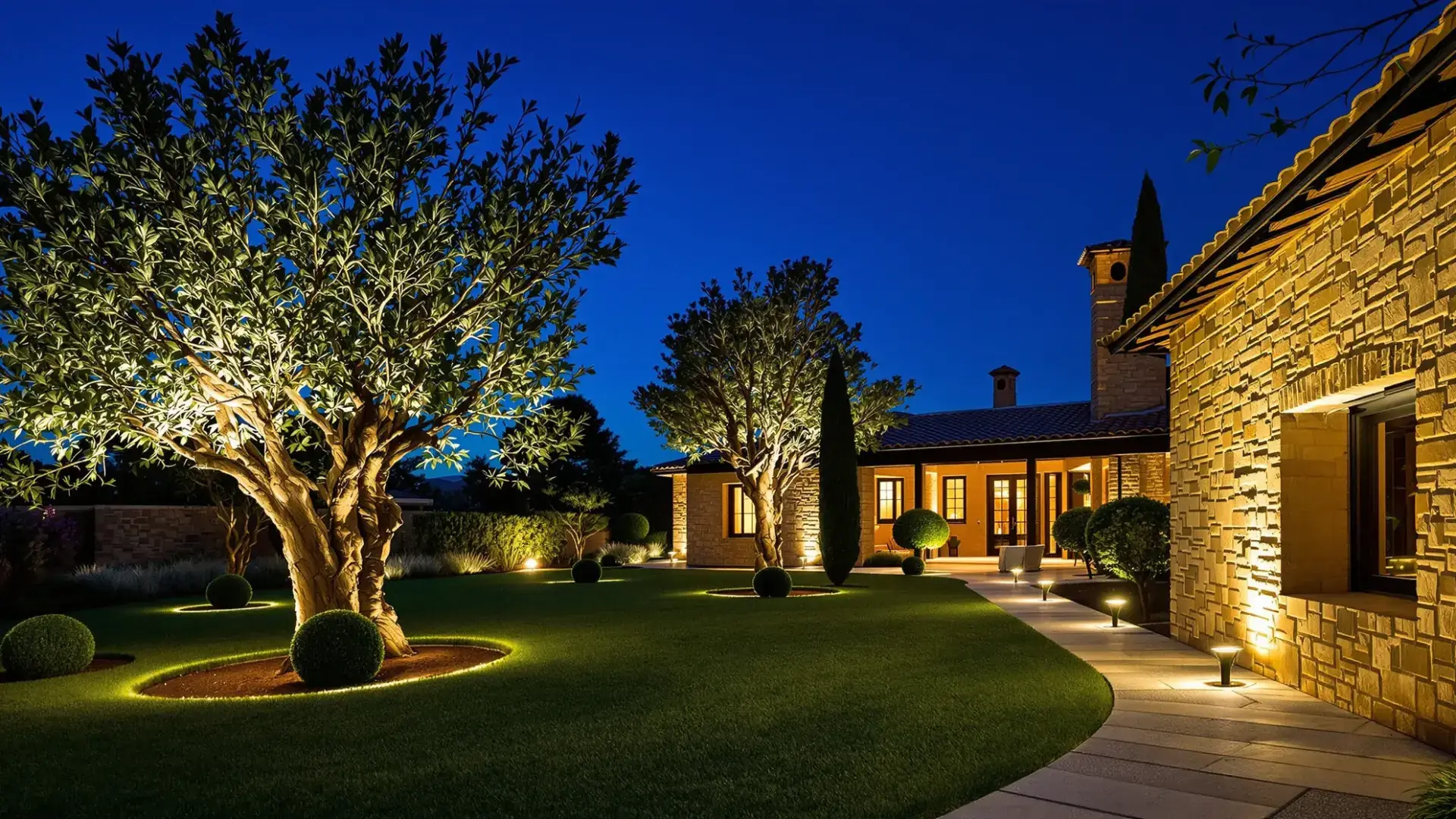 Jardín con olivos iluminados al anochecer en un chalet de Toledo, iluminación instalada por Jardinería y Paisajismo Toledo