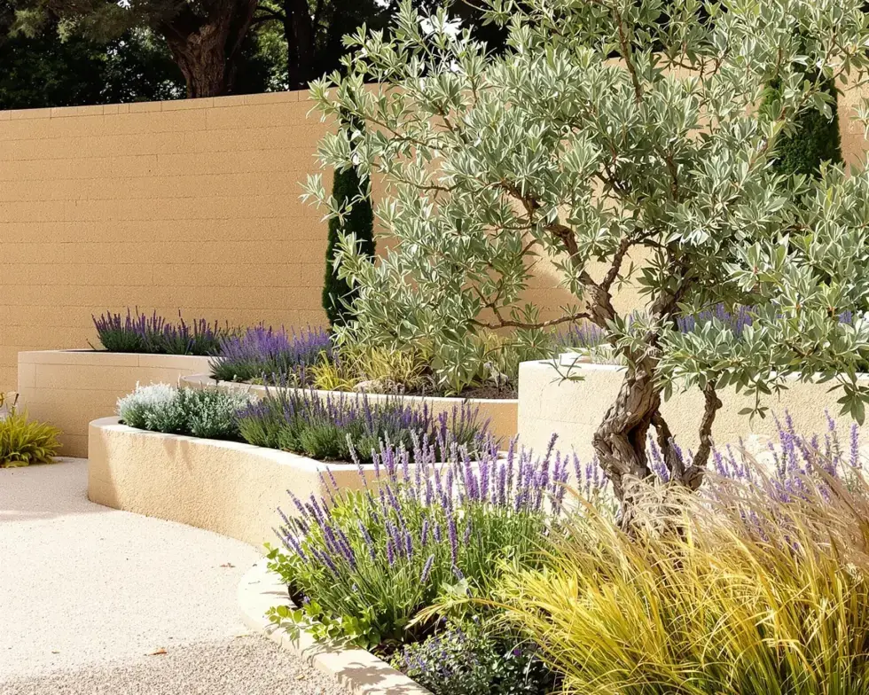 Bordura de lavanda, santolina y gramíneas junto a un camino de grava en un jardín de Toledo