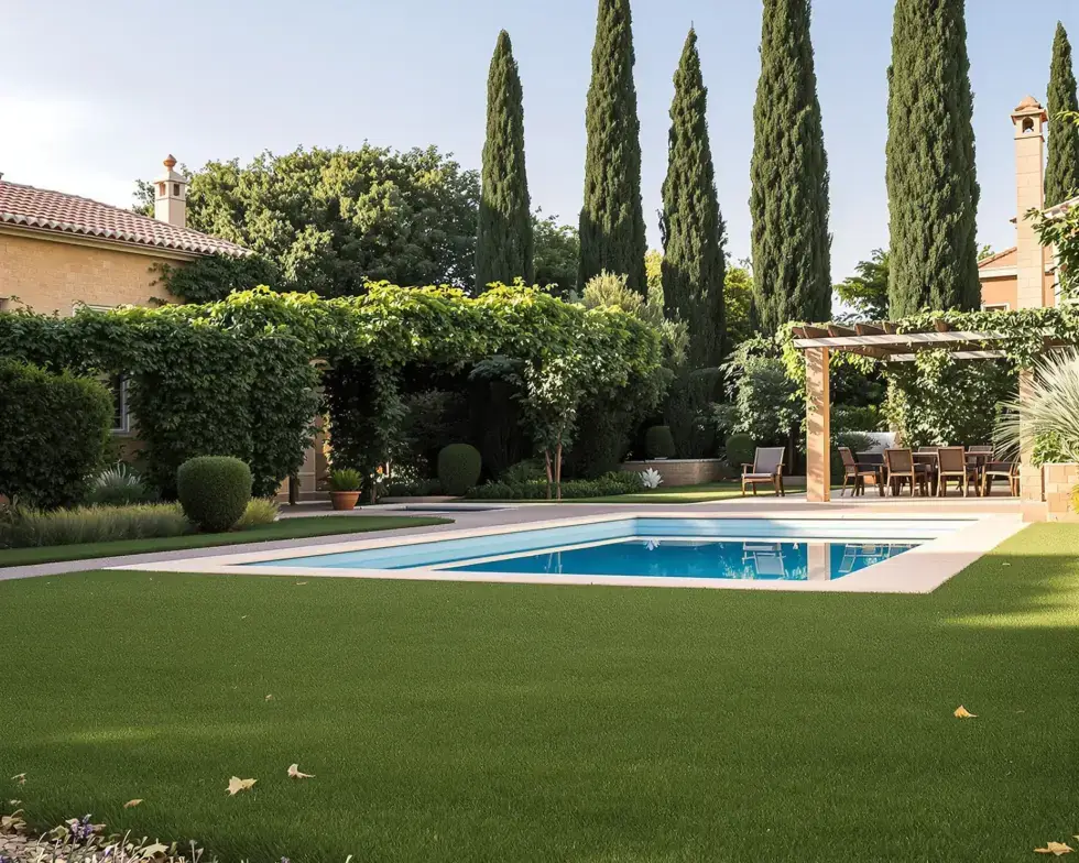 Jardín familiar con piscina, pérgola y seto de cipreses en un chalet de La Sagra, Toledo