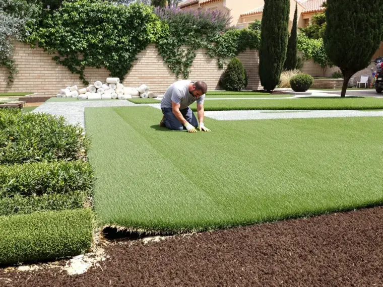 Rollos de tepe de césped natural instalándose sobre tierra nivelada en un jardín de Toledo