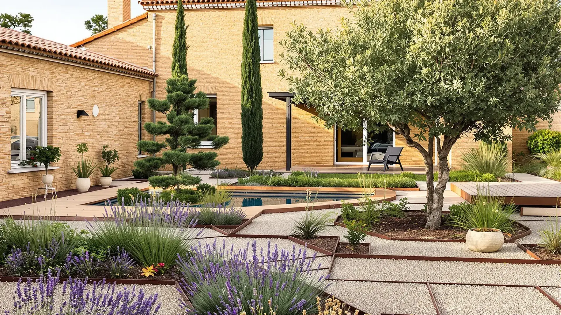 Jardín de diseño recién construido con caminos de grava, corten, olivo y lámina de agua