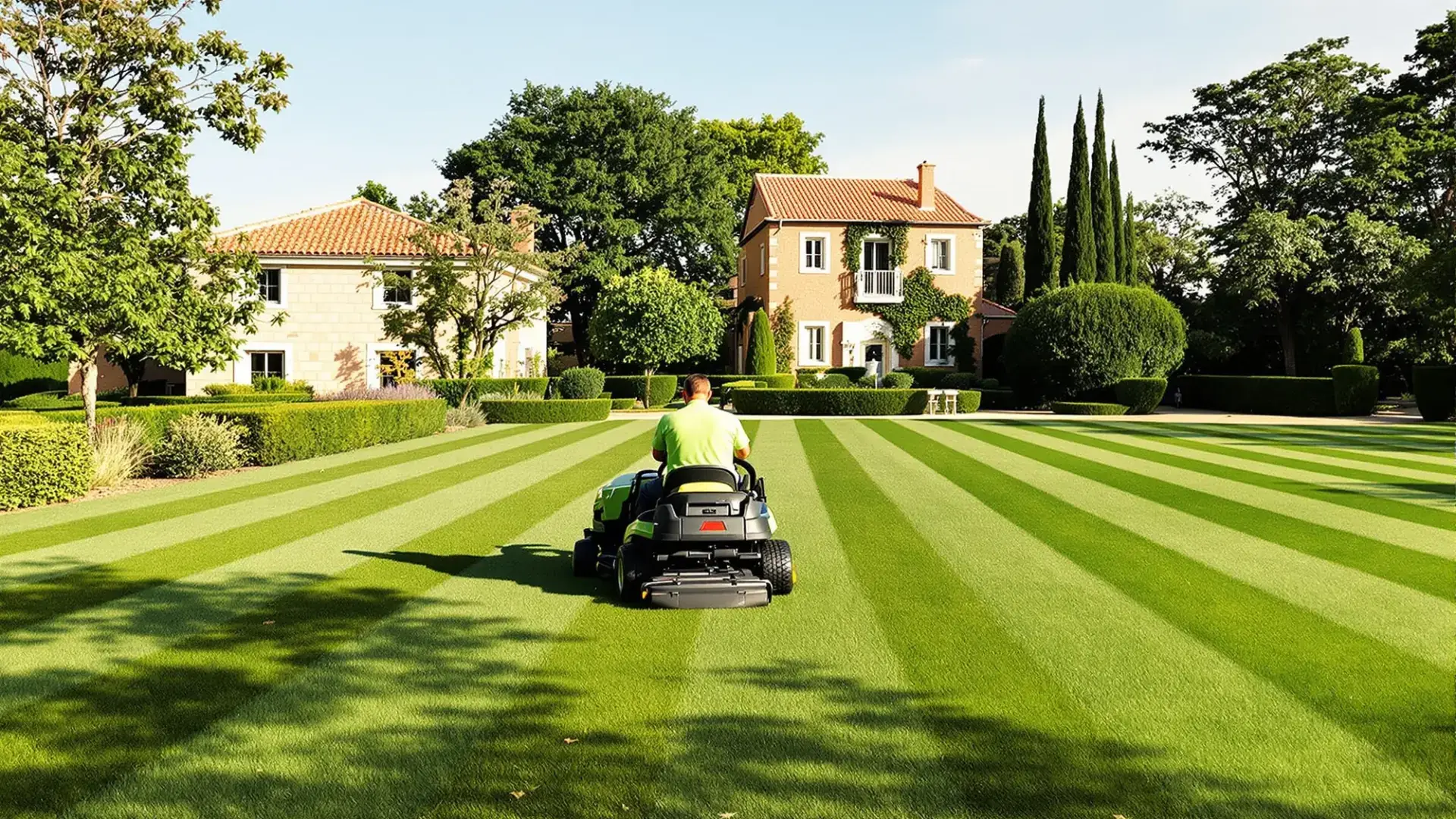 Jardinero segando el césped de un chalet de Toledo con cortacésped de asiento