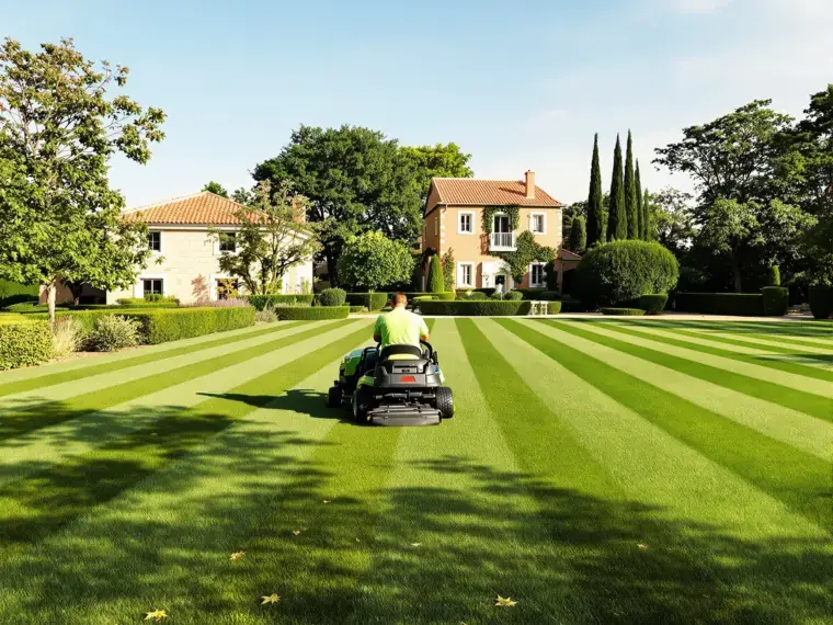 Jardinero segando el césped de un chalet de Toledo con cortacésped de asiento