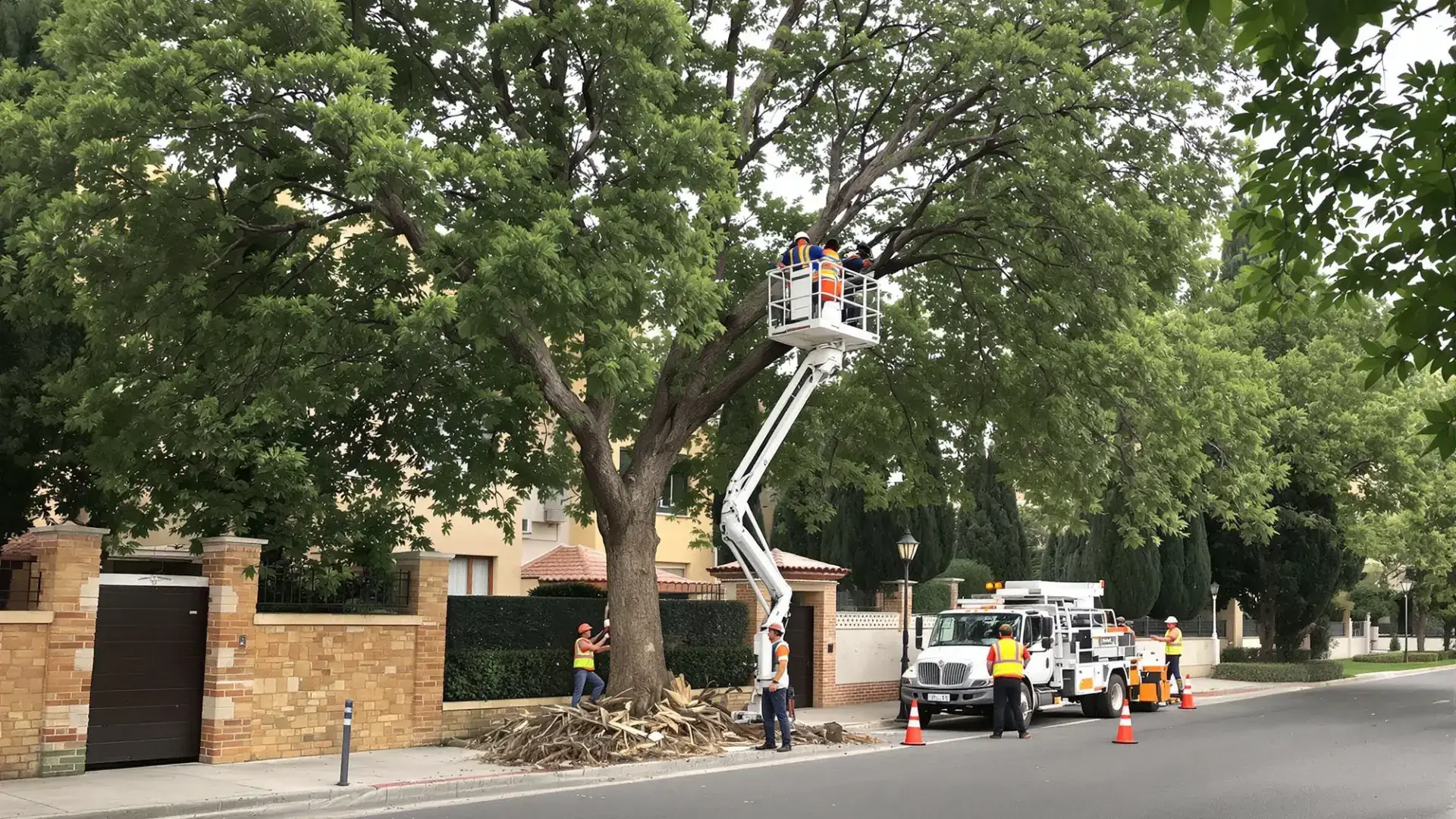 Equipo de poda en altura con plataforma elevadora y biotrituradora en una calle de Toledo
