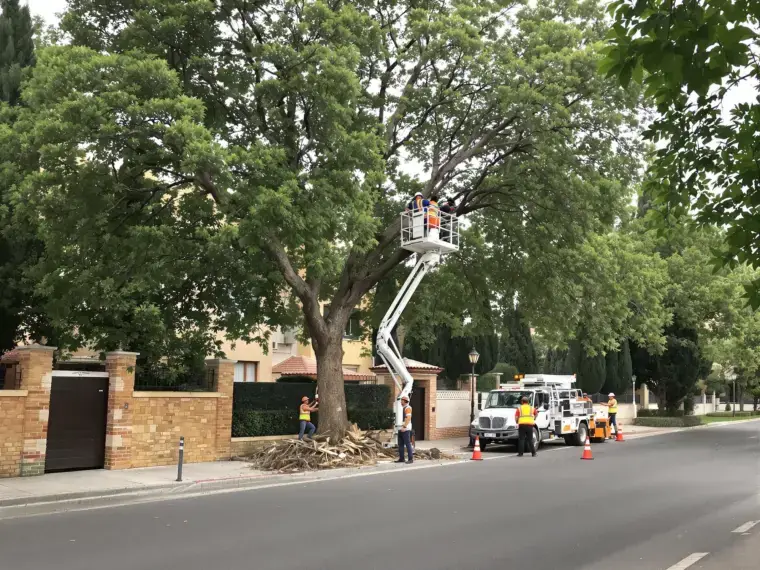 Equipo de poda en altura con plataforma elevadora y biotrituradora en una calle de Toledo