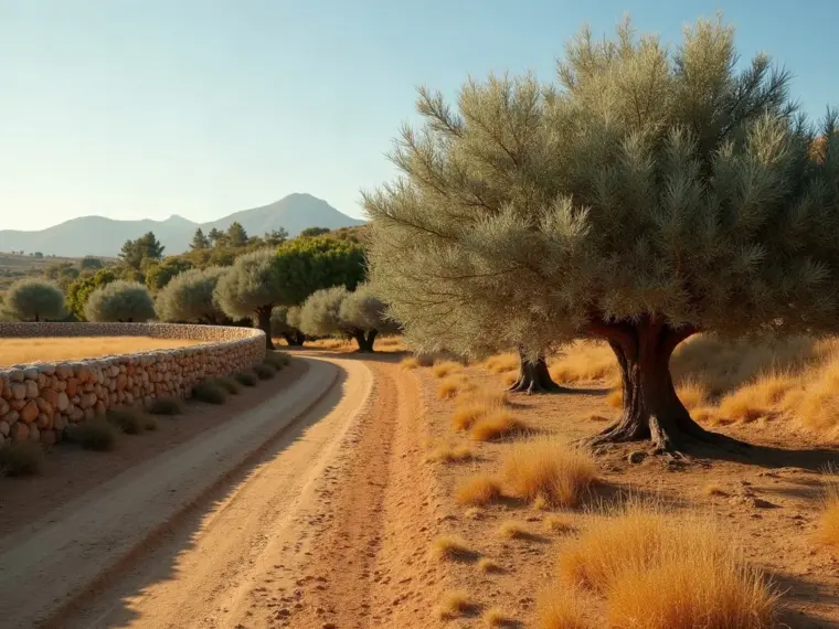 Parcela rural junto a un pueblo con olivos viejos, muro de piedra seca y suelo desbrozado, del tipo de jardín que mantenemos en Argés