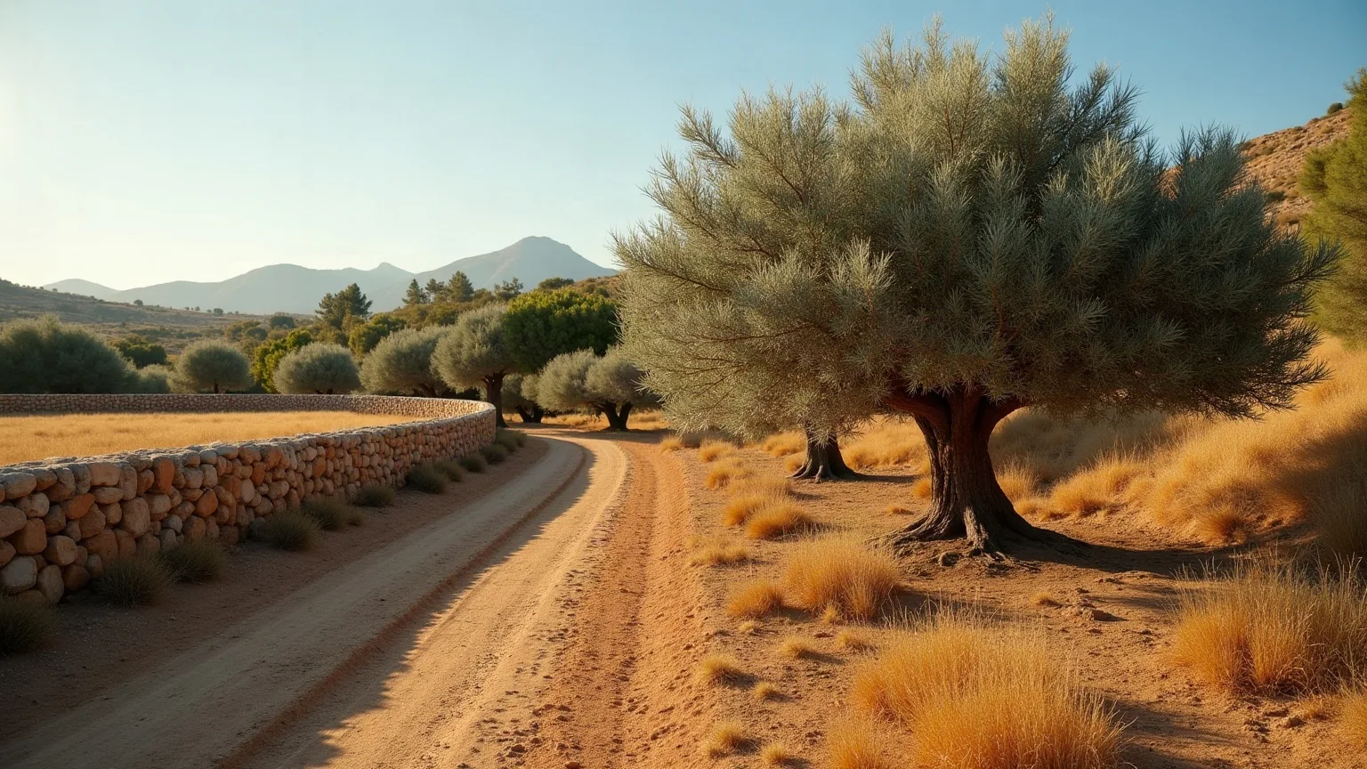 Parcela rural junto a un pueblo con olivos viejos, muro de piedra seca y suelo desbrozado, del tipo de jardín que mantenemos en Argés
