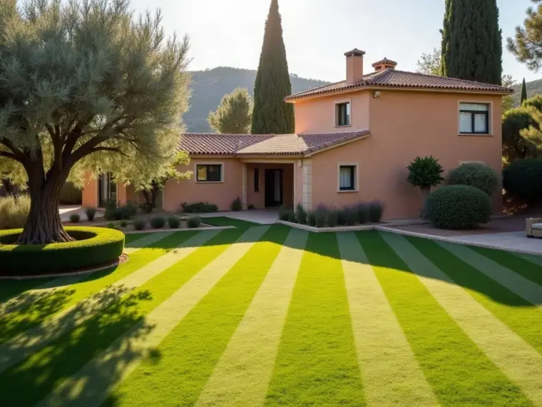 Jardín privado de vivienda unifamiliar con césped segado en franjas, seto recortado y olivo maduro, del tipo de jardín que mantenemos en Bargas