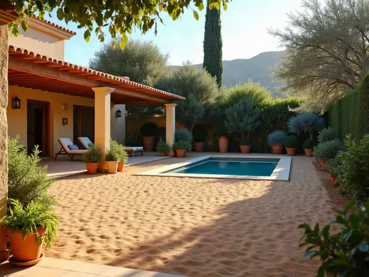 Jardín trasero amplio con pérgola, macetas y un seto que hace de pantalla con la parcela vecina, del tipo de jardín que mantenemos en Buenavista
