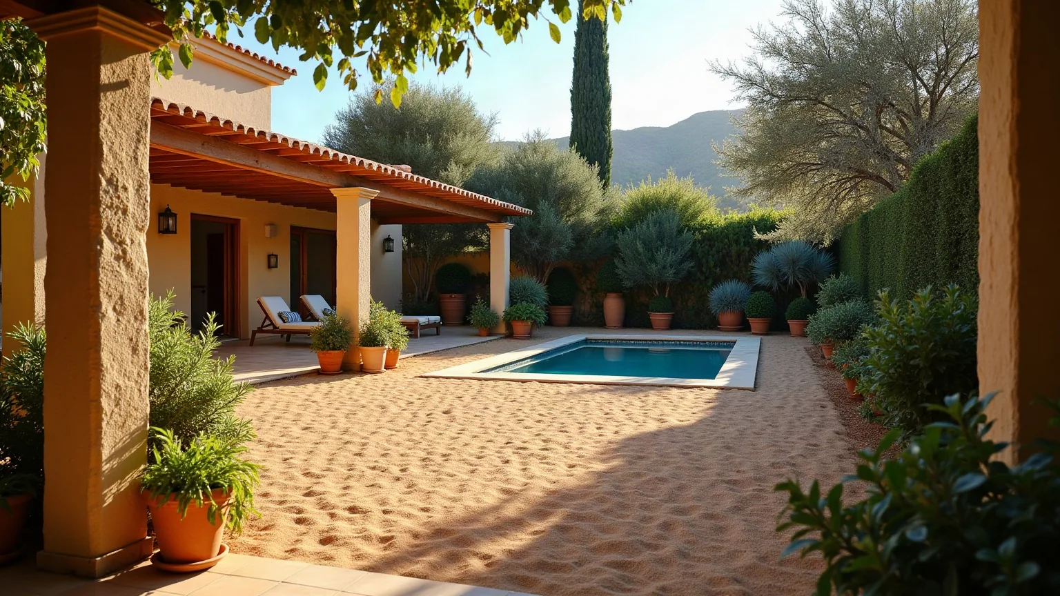Jardín trasero amplio con pérgola, macetas y un seto que hace de pantalla con la parcela vecina, del tipo de jardín que mantenemos en Buenavista