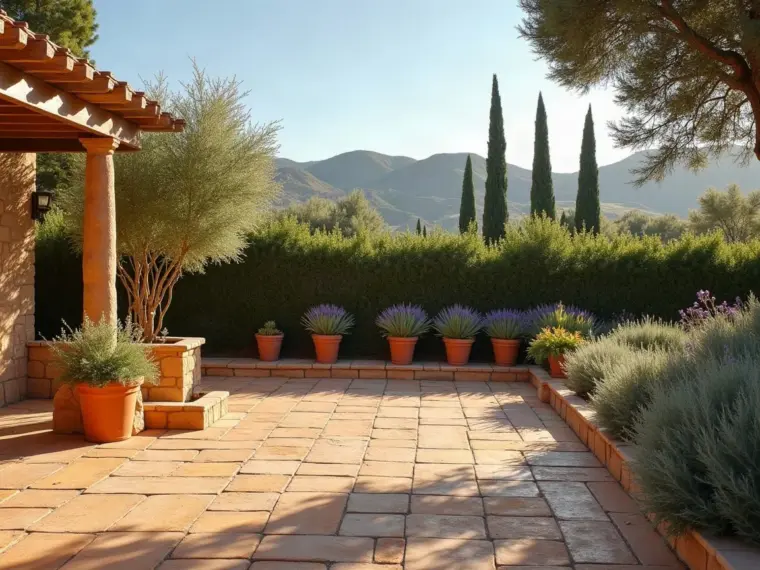 Jardín trasero amplio con pérgola, macetas y un seto que hace de pantalla con la parcela vecina, del tipo de jardín que mantenemos en Burguillos de Toledo