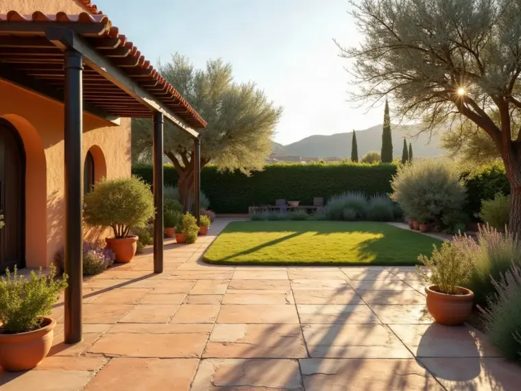 Jardín trasero amplio con pérgola, macetas y un seto que hace de pantalla con la parcela vecina, del tipo de jardín que mantenemos en Illescas