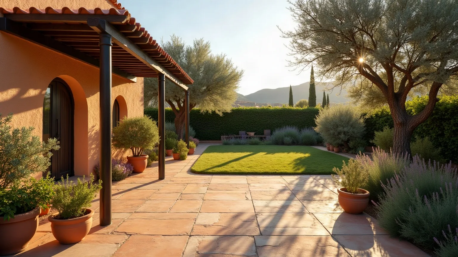 Jardín trasero amplio con pérgola, macetas y un seto que hace de pantalla con la parcela vecina, del tipo de jardín que mantenemos en Illescas
