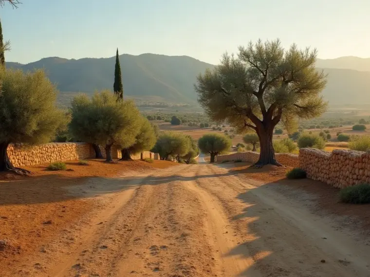 Parcela rural junto a un pueblo con olivos viejos, muro de piedra seca y suelo desbrozado, del tipo de jardín que mantenemos en La Legua