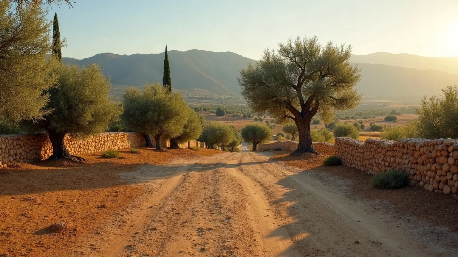 Parcela rural junto a un pueblo con olivos viejos, muro de piedra seca y suelo desbrozado, del tipo de jardín que mantenemos en La Legua