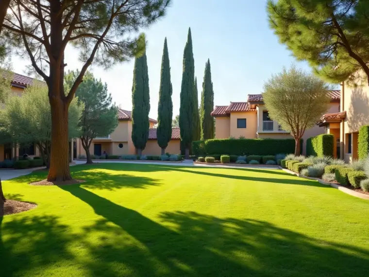 Zonas verdes comunes de una urbanización cerrada con césped segado, pinos maduros y setos recortados, del tipo de jardín que mantenemos en Las Rozas de Madrid