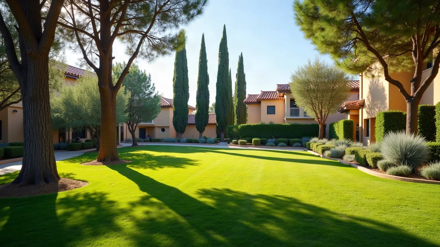 Zonas verdes comunes de una urbanización cerrada con césped segado, pinos maduros y setos recortados, del tipo de jardín que mantenemos en Las Rozas de Madrid