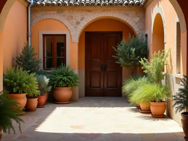 Patio interior en sombra de una casa tradicional con helechos en maceta y suelo de piedra, del tipo de jardín que mantenemos en Magán
