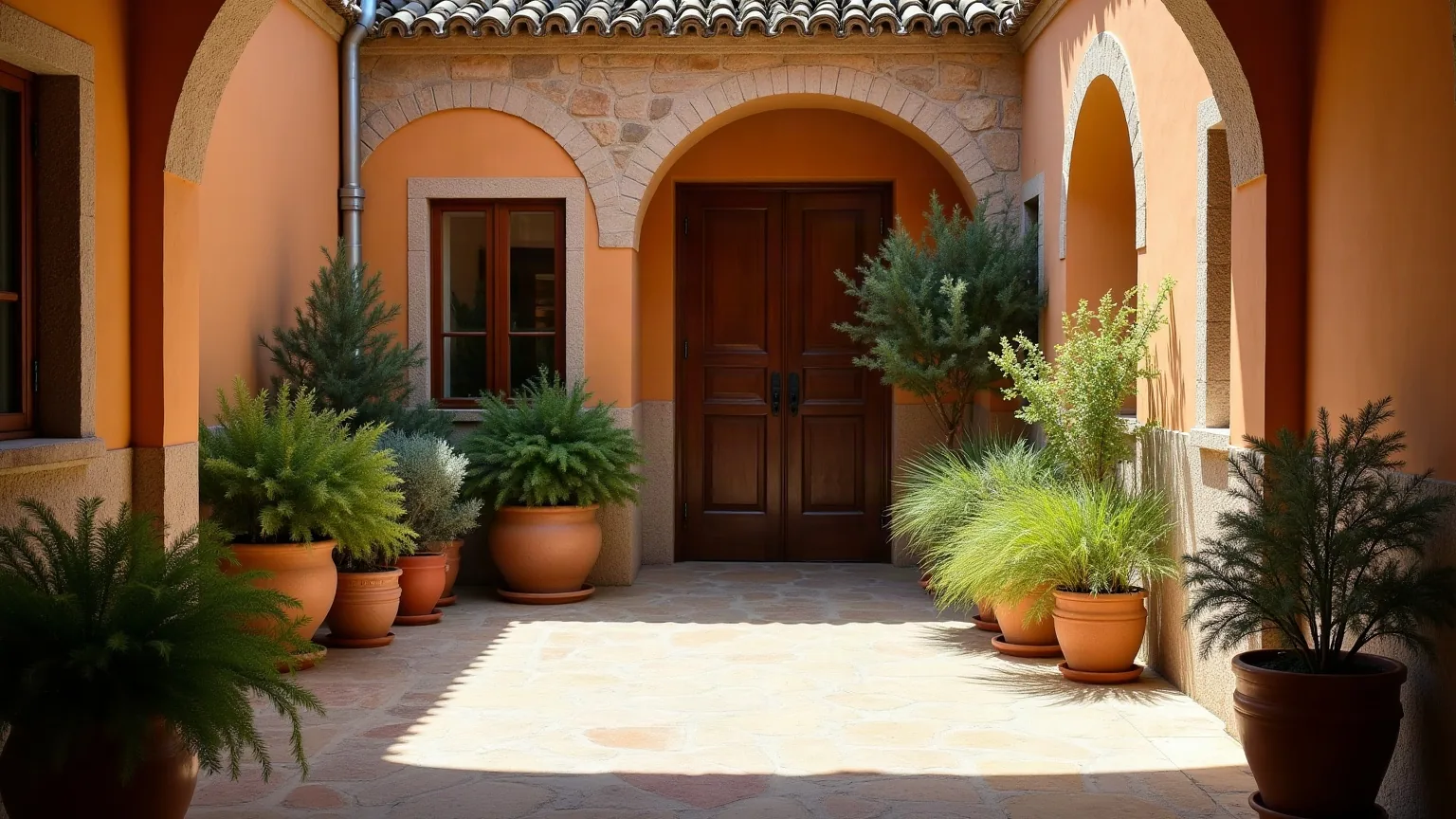 Patio interior en sombra de una casa tradicional con helechos en maceta y suelo de piedra, del tipo de jardín que mantenemos en Magán