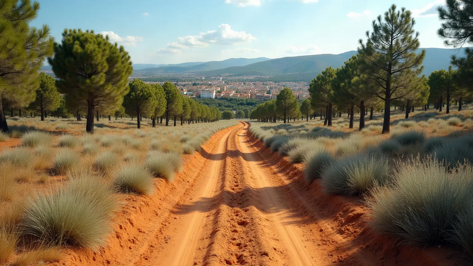 Franja perimetral de protección desbrozada entre una masa de pinar y una urbanización residencial, del tipo de jardín que mantenemos en Majadahonda