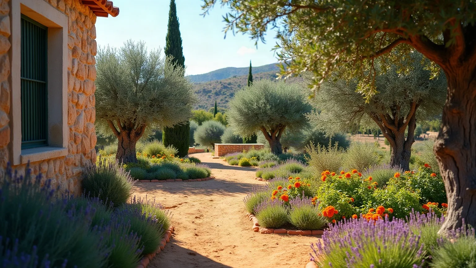 Rincón de huerta de una parcela de pueblo con frutales y bancal de hortalizas, del tipo de jardín que mantenemos en Mocejón