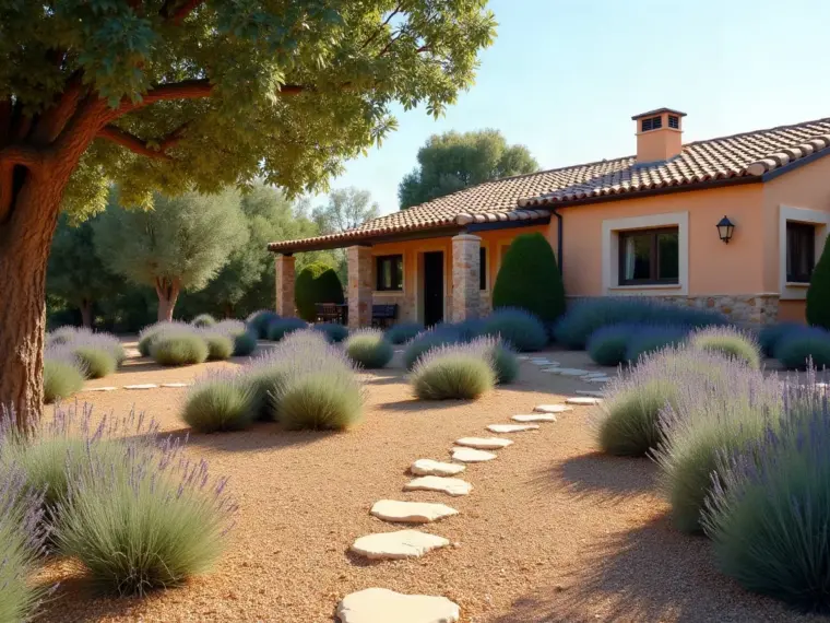 Jardín delantero de una casa familiar con caminos de grava, borduras de lavanda y un árbol joven, del tipo de jardín que mantenemos en Montesión