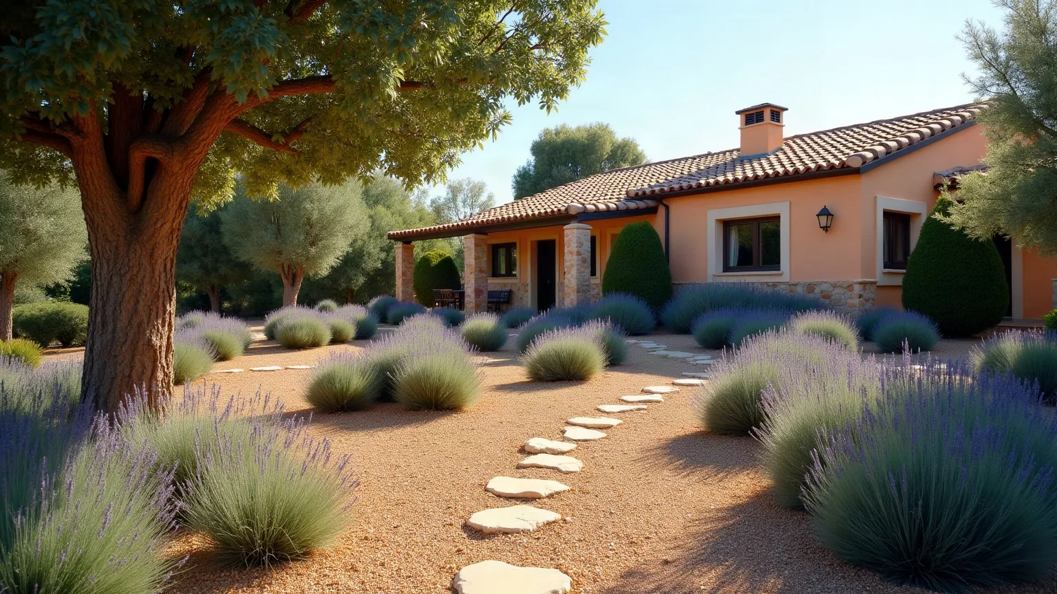 Jardín delantero de una casa familiar con caminos de grava, borduras de lavanda y un árbol joven, del tipo de jardín que mantenemos en Montesión