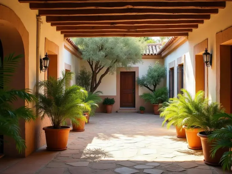 Patio interior en sombra de una casa tradicional con helechos en maceta y suelo de piedra, del tipo de jardín que mantenemos en Numancia de la Sagra